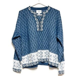 Alpaca Imports Blue/White Nordic Quarter Zip Hand Knit Peruvian Sweater Womens L